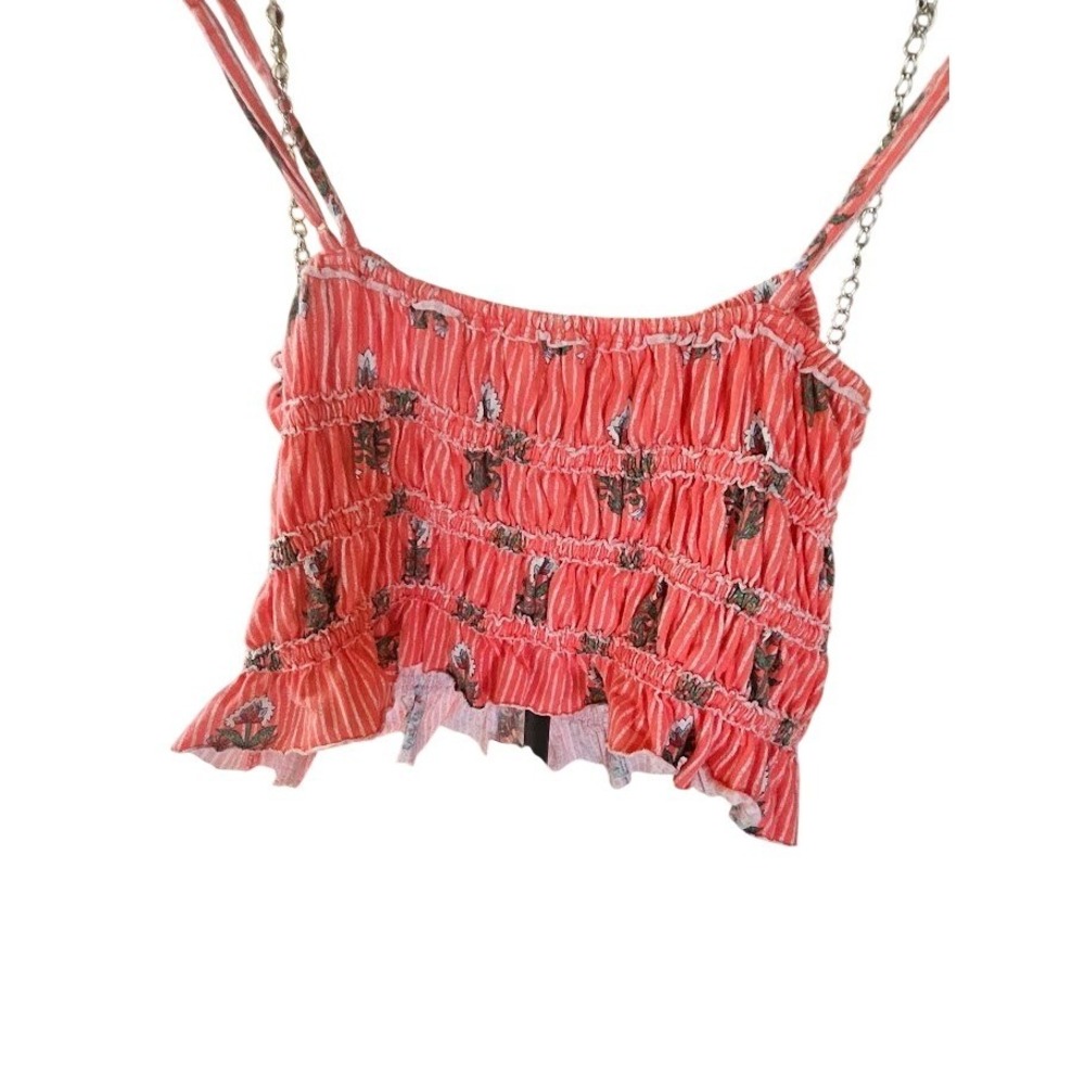 We The Free Free People Smocked Crop Top Coral Floral Stripe Camisole Large - Picture 3 of 4
